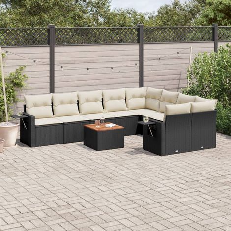 Ensemble Salon Jardin 10 Places Noir Résine Tressée avec Coussins Crème - Meuble Extérieur Modulaire Acacia (1/5)