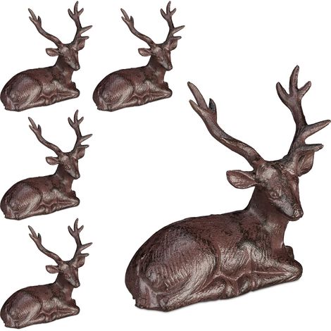Set of 4 Relaxdays Deer Ornaments, Rustic Decor Stag, Weatherproof, Garden, Balcony, Cast Iron, Statue, Brown