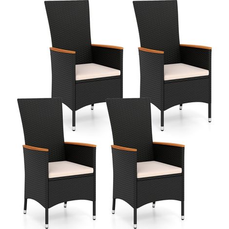 4 fauteuils de jardin beiges en résine tressée avec coussins, accoudoirs réglables et pieds ajustables pour jardin (1/5)