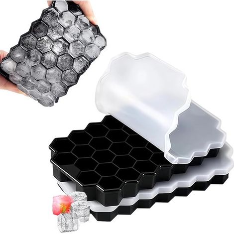 2 contenitori per il ghiaccio in silicone – 37 scomparti, con coperchio, neri, per whisky/cocktail