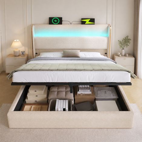 Letto contenitore 140 x 200 cm con LED, porte USB/Type-C, testiera alta, beige HAVRYA (1/5)