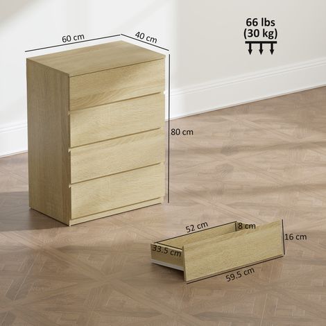 Commode en bois à quatre tiroirs, rails métalliques et poignées rainurées, 60x40x80 cm, couleur bois de hêtre. (1/5)