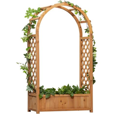 FIORIERA DA ESTERNO A FONDO CAVO IN ABETE MARRONE CON ARCO DECORATIVO E GRATE PER RAMPICANTI. 83X36X152 CM (1/5)