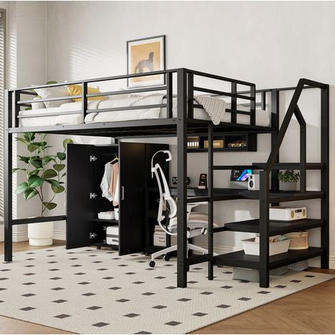 Lit mezzanine 140/200 cm noir en métal avec bureau, armoire et rangements (1/5)