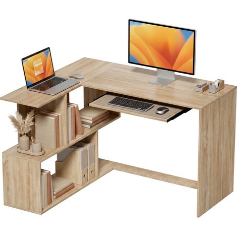 Bureau d'Angle, 120 x 100 x 76 cm, Bureau Informatique en L avec Plateau de Clavier, 4 Compartiments Ouverts, Naturel (1/5)