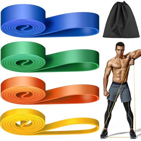 Lot de 4 bandes de fitness, avec 4 niveaux de résistance différents, pour le sport, la gymnastique, l'entraînement, le fitness et la musculation, le Pilates, le Yoga, pour hommes et femmes (1/5)