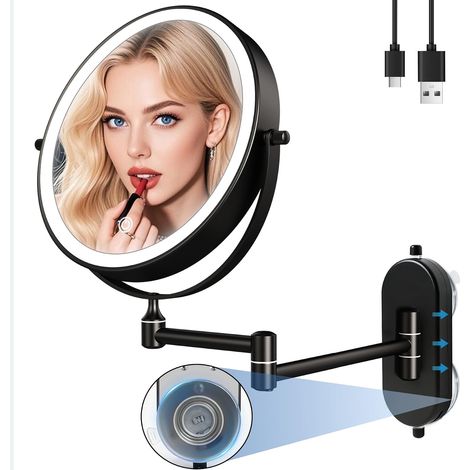 Miroir Grossissant Lumineux Mural avec Ventouse 10X/1X, 2000mAh Rechargeable Miroir Maquillage Grossissant avec Ventouse,360° à Rotation pour Salle de Bain Miroir Mural,Miroir Grossissant Mural Noir (1/5)