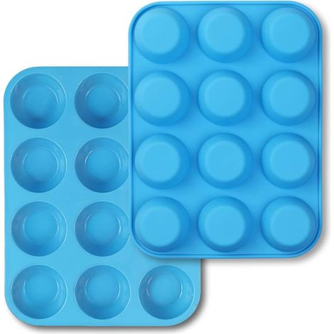 MINKUROW Set Di 2 Teglie Per Muffin In Silicone Antiaderente Per 12 Muffin, Blu (1/5)