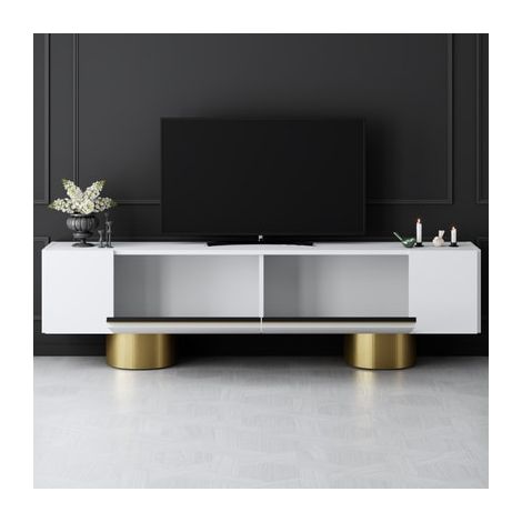 Asir Group Llc – Meuble TV moderne 180 cm en mélaminé blanc – Système push-pull sans poignées – Compartiments réglables – Pieds en tôle pliée 16 cm (1/5)