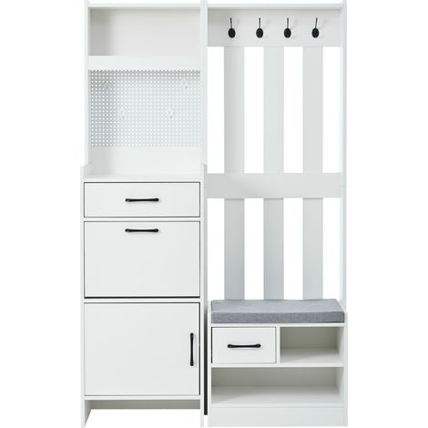 Appendiabiti da ingresso 7 in 1 con panca scarpiera 110 x 35 x 175,5 cm bianco (1/5)