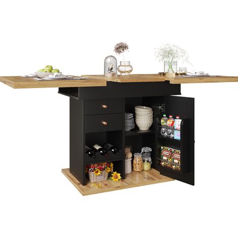 Mesa de Comedor Extensible con Cajón, Puerta Abatible, Estantes Ajustables y Botellero para Cocina (1/5)