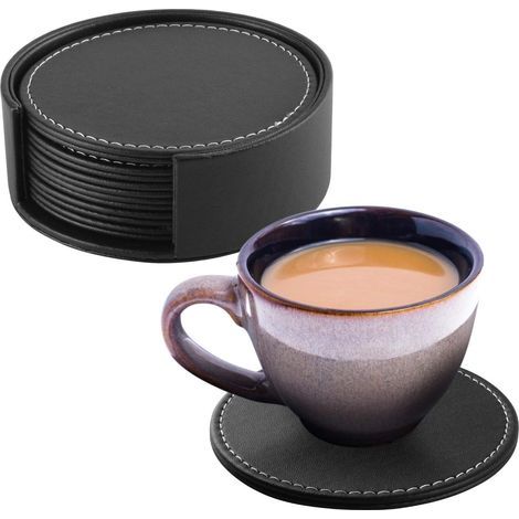 Set of 6 Round Black Faux Leather Coasters with Stand
