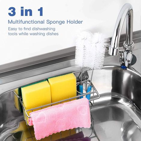 Porta spugna per lavello da cucina, 3 in 1, portaspazzole adesivo in tessuto, dispenser per lavastoviglie, organizer per scolapiatti, acciaio inossidabile SUS304, antiruggine, senza fori, salvaspazio,
