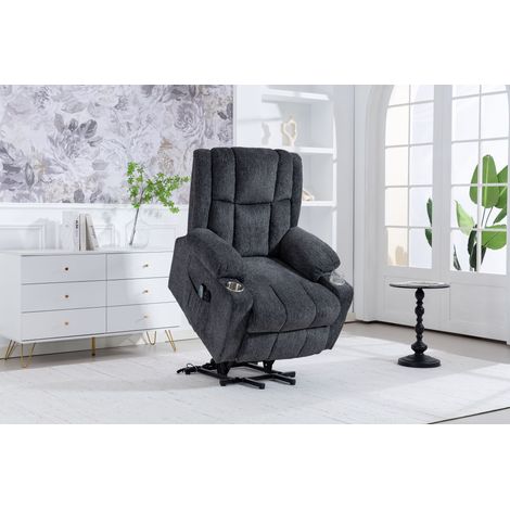 Fauteuil électrique relax pour senior – Assistance levée, massage, chaleur, repose-pieds, 2 poches, porte-gobelet – Gris foncé