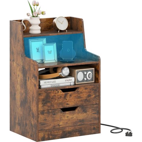 COSTWAY LED Nightstand with Charging Station 2-Drawer Bedside Table-Brown