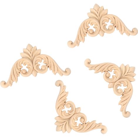 Lot de 4 appliques d'angle sculptées en bois d'hévéa, en forme de fleur, non peintes, 8 x 8 cm (1/5)