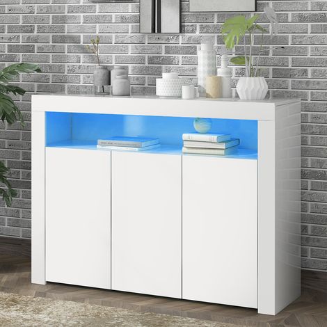 LED Sideboard 3 Door High Gloss Storage Cabinet Cupboard Buffet, White