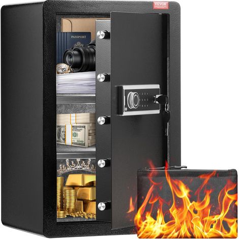 Coffre-fort à Porte Simple 99 L, 2 Façons de Déverrouillage, Clé et Mot de Passe, avec Sac Ignifuge, Porte-Clés, Lumière LED et 2 Étagères, pour Argent, Documents, Bijoux, Objets de Valeur (1/5)
