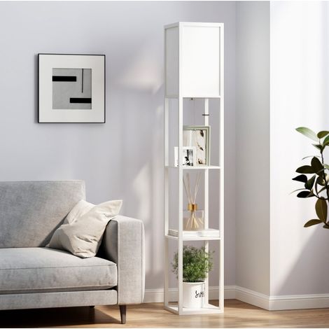 Lámpara de pie con estantes (26x26x160 cm), con 3 compartimentos abiertos, pantalla textil, madera, blanco (1/5)