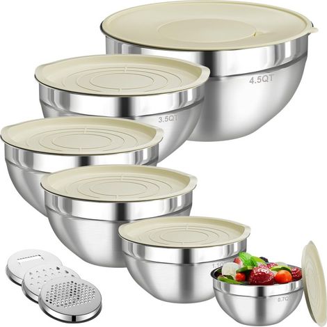 Irovami Bols inox lot 6 0.7-4.5L – Couvercles, râpes, empilable – Idéal pour cuisine, préparation (1/5)