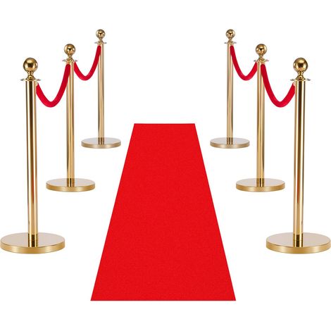 Poteau de guidage, ensemble de 6 barrières de contrôle des foules avec tapis rouge, 4 cordons en velours rouge, poteau de guidage en acier inoxydable doré avec base creuse pour théâtre, fête, mariage, (1/5)