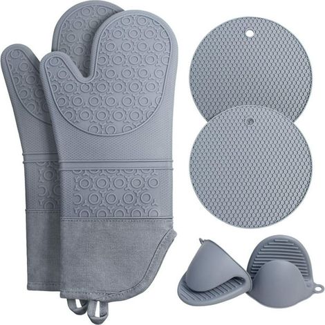 6-Pack Extra Long Oven Mitt and Potholder Sets: Silicone Heat Resistant Oven Mitts with Mini Oven Mitts and Heating Pads for Cooking, Baking, Quilted Liner, Gray (1/5)