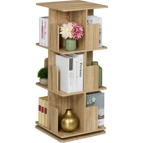 Relaxdays Estantería para Libros, Giratoria 360 Grados, 3 Niveles, Efecto Madera, 95 x 39 x 39 cm, Librería, Natural