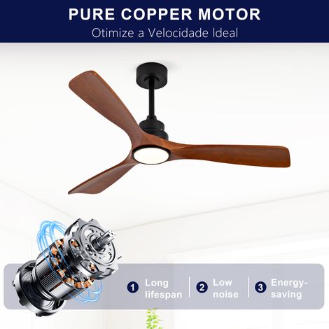 REDOM Ventilatore da soffitto con luce, 3 pale in legno noce scuro, motore DC silenzioso, 6 velocità, nero
