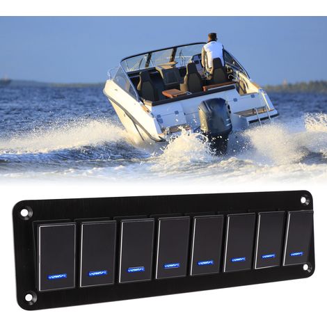 Modifiziertes Bedienfeld für Mittelkonsolen von Autos, Wohnmobilen und Yachten Set mit 8 wasserdichten Schaltern aus gebürstetem Metall mit schwarz eloxierter Oberfläche einzelner blauer Ein-/Ausschal (1/5)