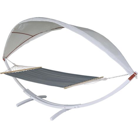 [NEUWERTIG] Hängematte HHG-675, Hängeschaukel bis 200kg Sonnendach MVG-Holzgestell 420cm 2 Personen weiß, grau
