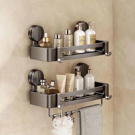 Mustorn Etagere Douche Ventouse sans Percage, Etagere Salle De Bain avec Porte Serviettes et Crochets Rangement et Organisation de La Salle de Bain Support Gel Douche(2 PièCes, Gris) (1/5)