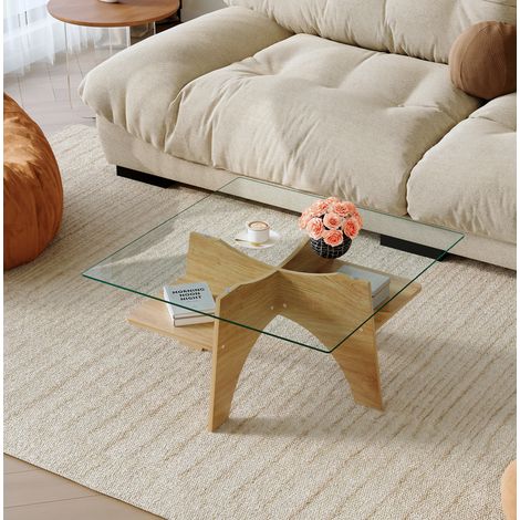 Tavolino da caffè 80x80x40 cm trasparente e legno chiaro in MDF e vetro temperato con vano portaoggetti (1/5)