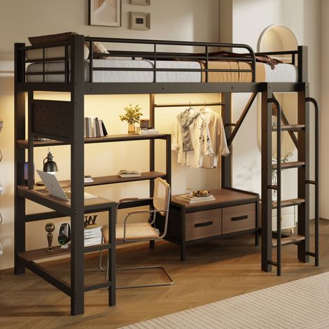 Letto a soppalco 90 x 200 cm con scrivania, scaffali, cassetti, LED e USB nero HAVRYA (1/5)