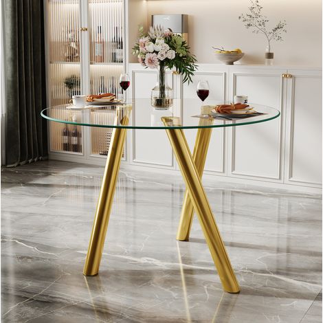 Table manger ronde en verre trempé pieds métal doré OKMYHOME (1/5)