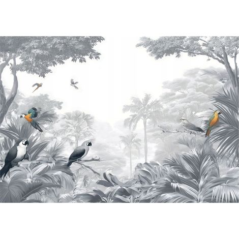 Papier peint mural jungle oiseaux forêt perroquets intissé grand format design intérieur salon chambre pas cher 150x105 cm (1/5)