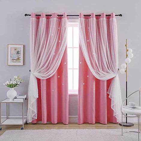 Lot de 2 rideaux occultants à découpes en forme d'étoile — Double épaisseur — Modèle hybride en tissu et tulle transparent — Polyester — 134 x 214 cm — Rose (1/5)