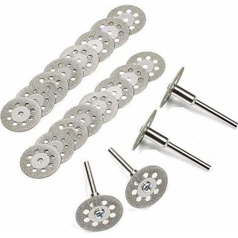 Disques de coupe diamantés, 20 mini disques de coupe diamantés de 22 mm avec 4 mandrins pour disques rotatifs, outils rotatifs, disques de coupe pour verre et pierres précieuses. (1/4)