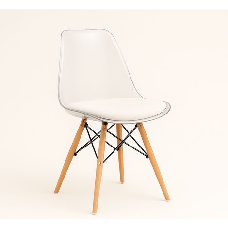 ORION91 Silla ATRIA Color Transparente Asiento blanco Acolchado Piel Sintética y Patas Haya 49x84x52,5cm Comedor Oficina Salón Teletrabajo Cocina - SpazioLuzio - Pack x2
