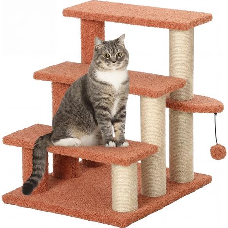 Arbre à chat avec escalier pour animaux, 3 marches, balle de jeu, jusqu'à 5 kg, 45 x 40 x 48 cm, marron (1/5)