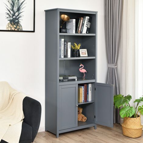 COSTWAY Wooden Storage Cabinet, Floor Standing Cupboard Tall Sideboard with 3-Tier Open Shelves and 2 Doors, Home Living Room Entryway Hallway Display Organiser Unit (Grey) (1/5)