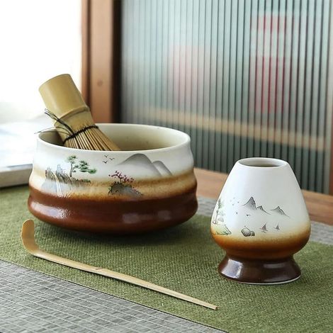 Set da 4 pezzi per la preparazione del matcha giapponese: ciotola in ceramica, frusta – Kung Fu (1/5)