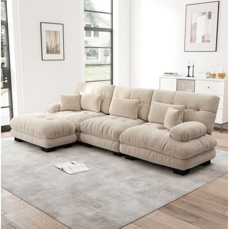 Sofá rinconero modular 313 x 145 x 81 cm con otomana, chenilla, marrón claro DESVIAE (1/5)