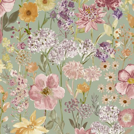 Wildflower Sage Floral Wallpaper Grandeco Pink Green Yellow Natural Flower (1/4)