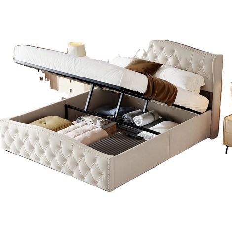 Cama con almacenamiento hidráulico, diseño moderno, color beige, 140x200cm (1/2)
