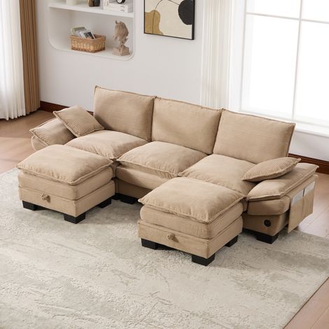 3-Sitzer Sofa 260x132x84 cm khaki Cord mit 2 Hockern, USB-C und Seitentaschen (1/5)