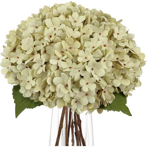 Lot de 6 fleurs d'hortensia artificielles en soie - 35 cm - Blanc - Pour vase, décoration de table, mariage, salon, cuisine, chambre à coucher, bureau (1/5)