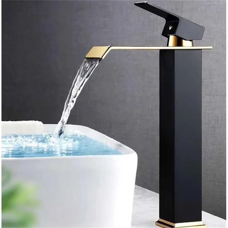 Robinet De Lavabo Or Et Noir, Cascade, Robinet De Salle De Bains En Laiton, Robinet De Lavabo De Salle De Bains, Robinet Mitigeur D'évier Chaud Et Froid (1/5)