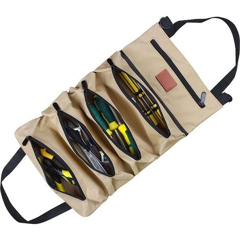 Werkzeugtasche zum Aufrollen, multifunktionaler Werkzeugorganizer, 5 Reißverschlusstaschen, Tragegurt, Khaki (1/5)