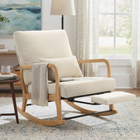 HOMCOM silla mecedora nórdica con reposapiés, mecedora de pana con respaldo ajustable, patas de madera, reposabrazos, cojín lumbar, crema