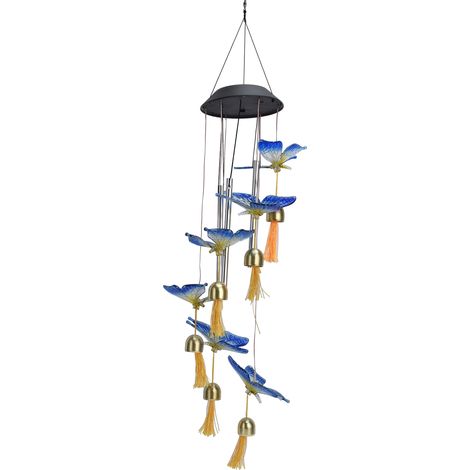 Solarlaterne mit blauem Schmetterlings-Klangspiel und Aluminiumrohr, mehrfarbige LED-Hängelampe, wasserdichte Außendekoration für Garten, Hof, Einfahrt, Rasen, mit eingebautem Akku (1/5)